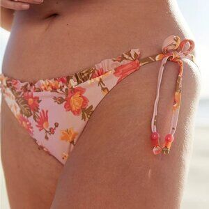 Aerie Printed Ruffle Tie Cheekier Bikini Bottom Pink Floral Size S NWT